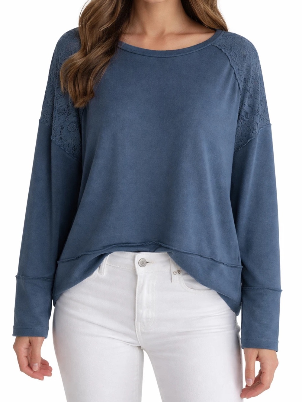 New Directions Large Teal Blue Knit Pullover Lace Overlay Raw Edges Long Sleeves